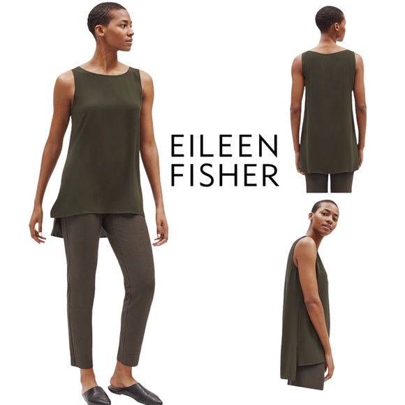 Eileen Fisher Woodland Silk Georgette Crepe Long Tunic Shell Top $218 SZ XL